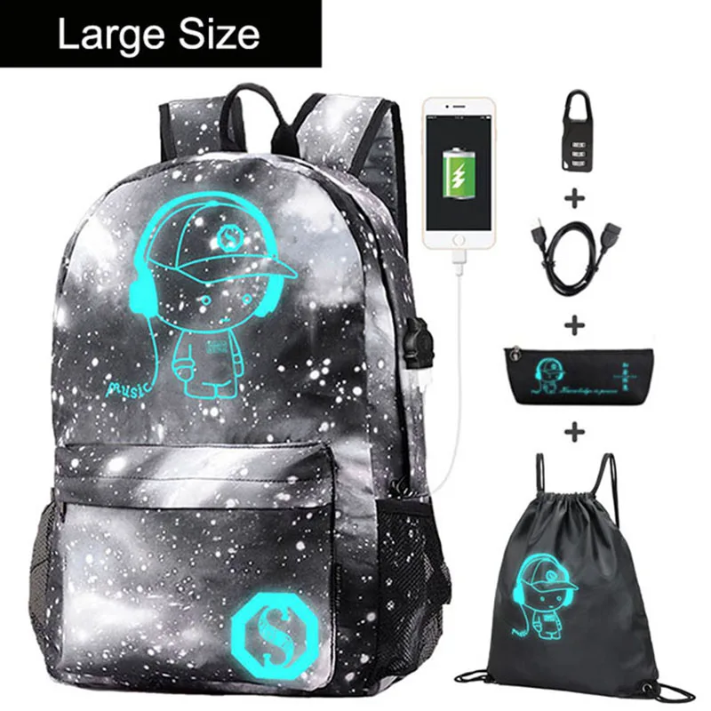 E large size 1 set Аниме светящийся Оксфорд школьный рюкзак на плечо до 15,6 дюймов с usb зарядным портом и замком школьная сумка для мальчика черный - Цвет: E large size 1 set