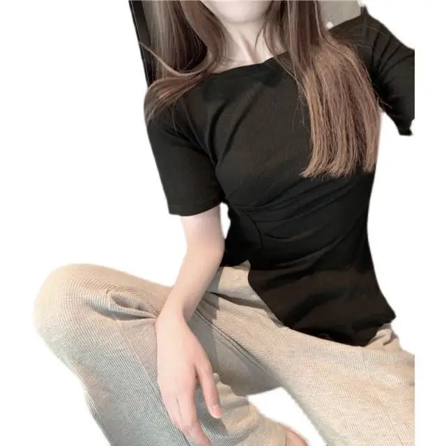 

Summer Solid Color Irregular Bevel Bottoming T- shirt Round Neck Design Short Sleeve Top Sweater Women