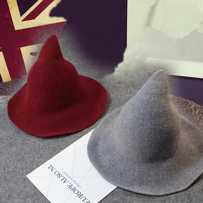 

3pc Halloween Witch Hat Wizard Magic Hats Men's Women's Cap Solid Wool Knitted Caps Men Women Autumn Winter Fashion Accessories