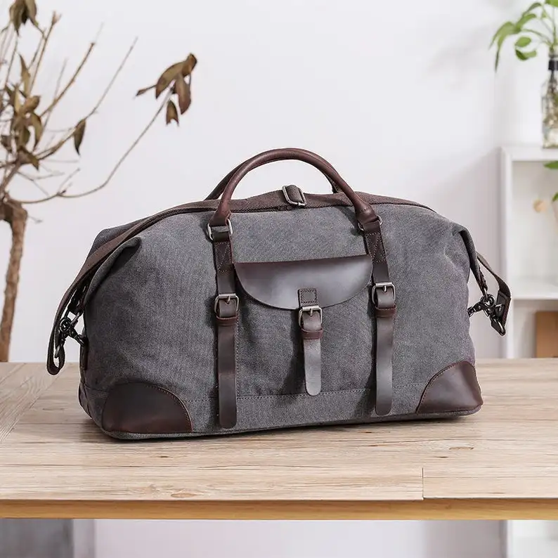 New Arrival  Canvas Leather Travel Foldable Duffel Bag Weekend Bag Men Handbag Large Capacity Crossbody Bag