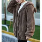 Теплая верхняя одежда для девочек, зимнее женское худи на молнии, свободные пушистые худи с ушками медведя, куртки с капюшоном