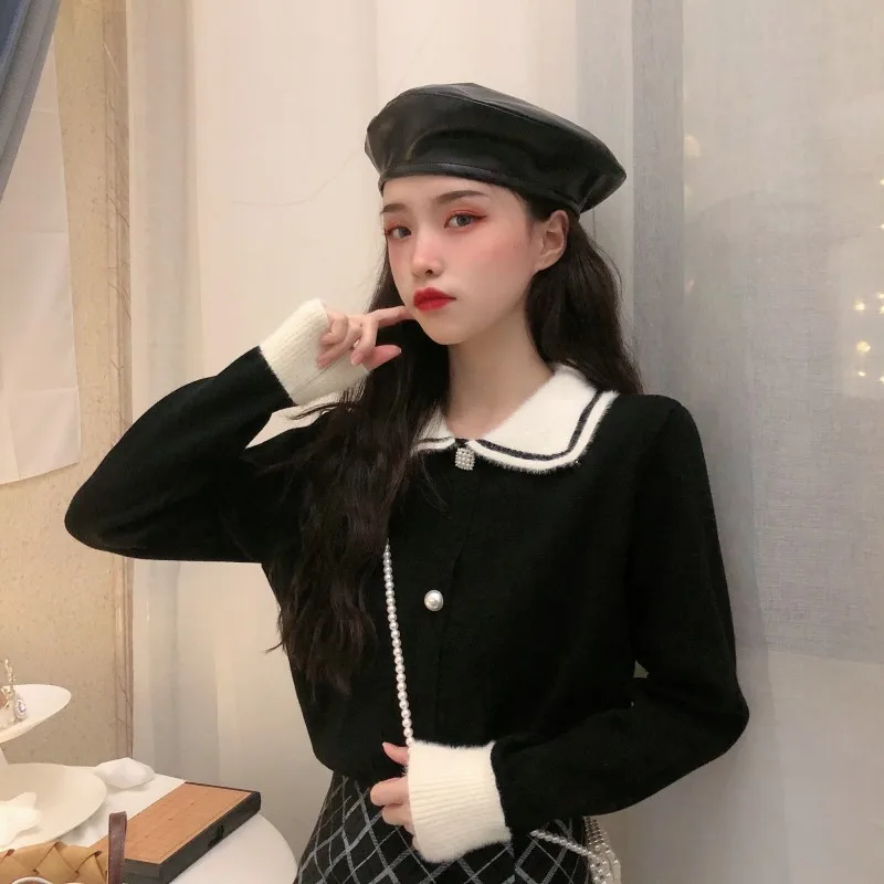 

Korejepo Women Knitted Sweater 2021 Autumn New French Retro Sweet Color Diamond Contrast Bottoming Sweater Doll Collar All-match
