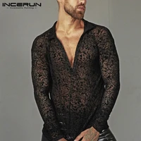 incerun fashion men mesh t shirt long sleeve v neck printed t shirts transparent party nightclub sexy camiseta masculina s 5xl