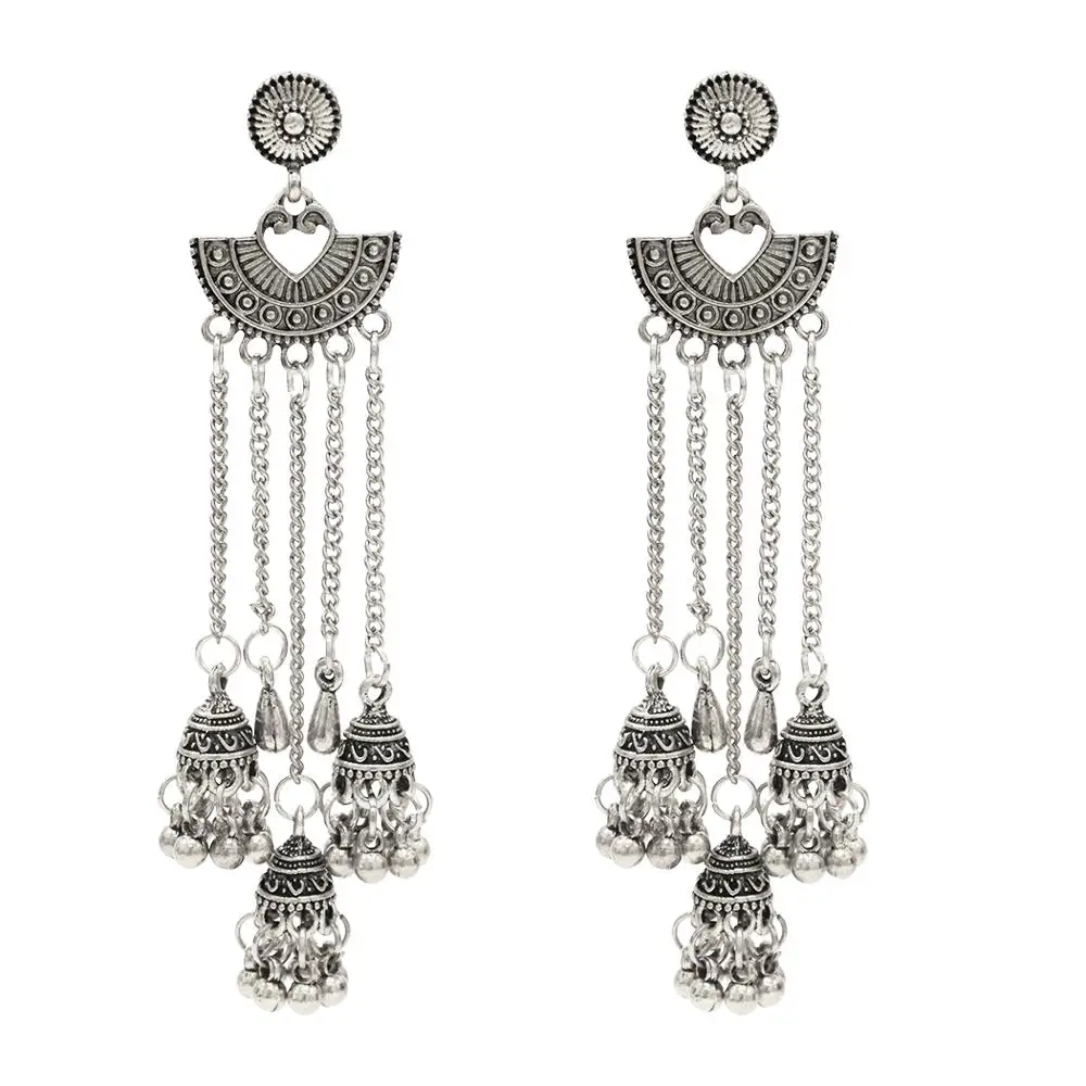 Индийские окисленные серьги Jhumka Jhumki, индийские ювелирные изделия для женщин, золотые, серебряные, длинные серьги с кисточками, с ушками, для афганского, египетского, турецкий Цыганский