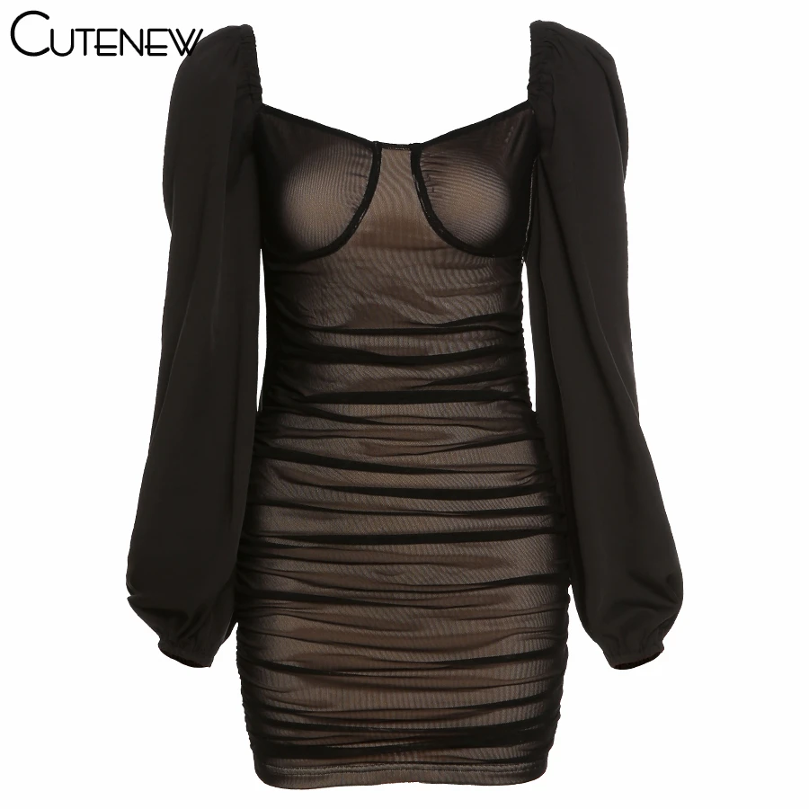 

Cutenew Solid Ruched Mesh Lantern Sleeve Bodycon Mini Dress Women 2021 Spring New Sexy Square Collar Backless Dresses Streetwear