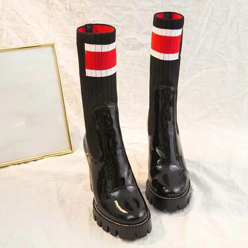 

2021 Winter Top Quality Design Women Shoes Genuine Leather Chunky High Heel Sock Boot
