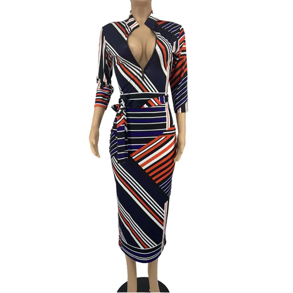 2019 Autumn African Bodycon Dress For Women Dashiki stripe Print Zip Sexy V neck Plus Size Elastic Ankara Slim Clothing | Тематическая
