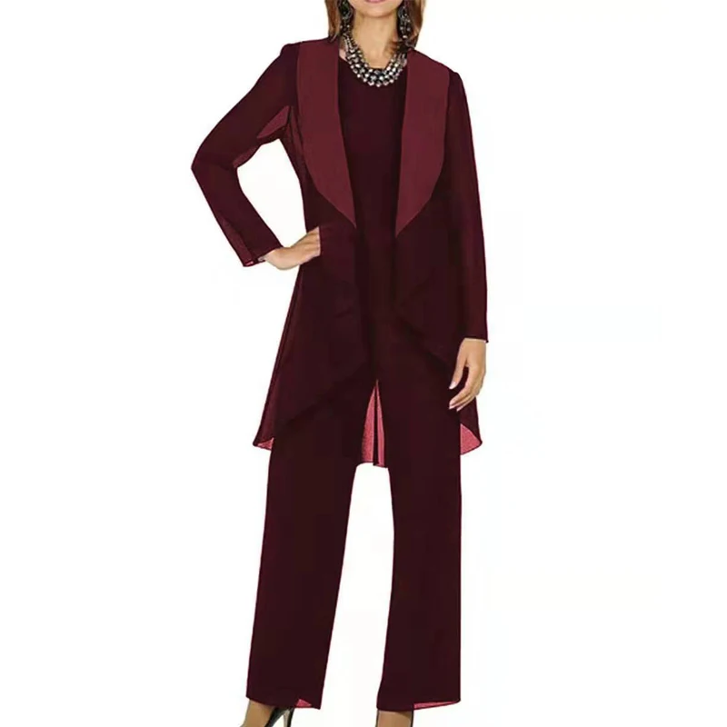 

Burgundy Mother Of The Bride Dresses Sheath Floor Length Chiffon With Jacket Pants Suit Long Groom Mother Dresses For Weddings