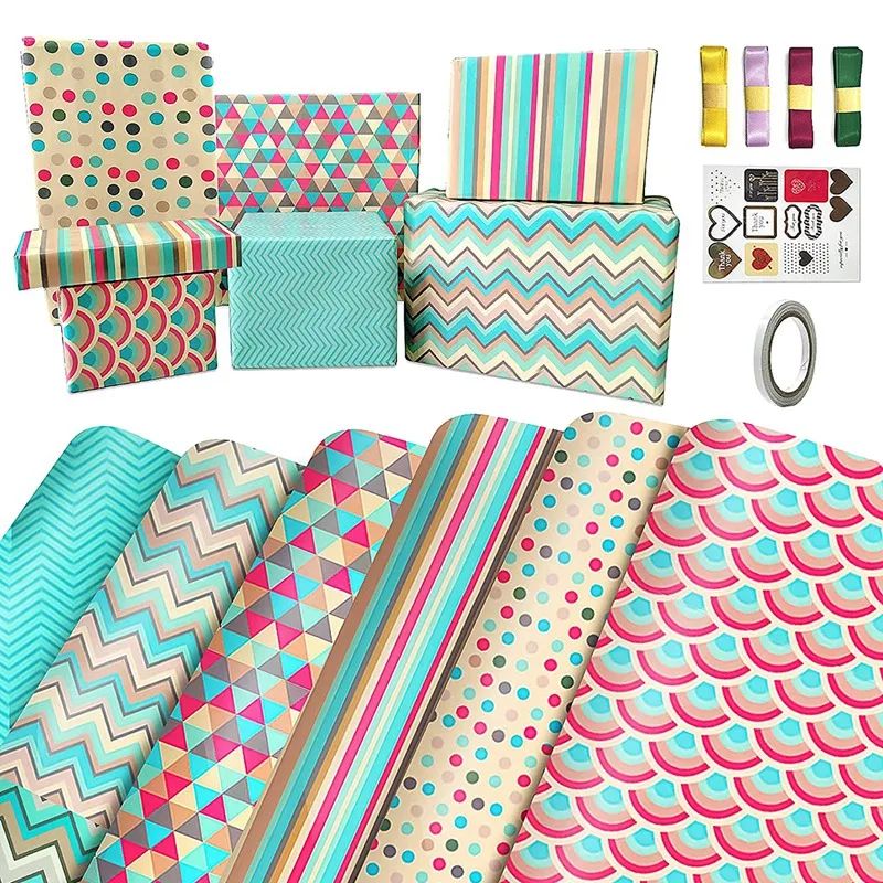 Wrapping Paper Sheets Birthday Set Included 6 Pcs Gift Wrap Papers Ribbon Present | Дом и сад
