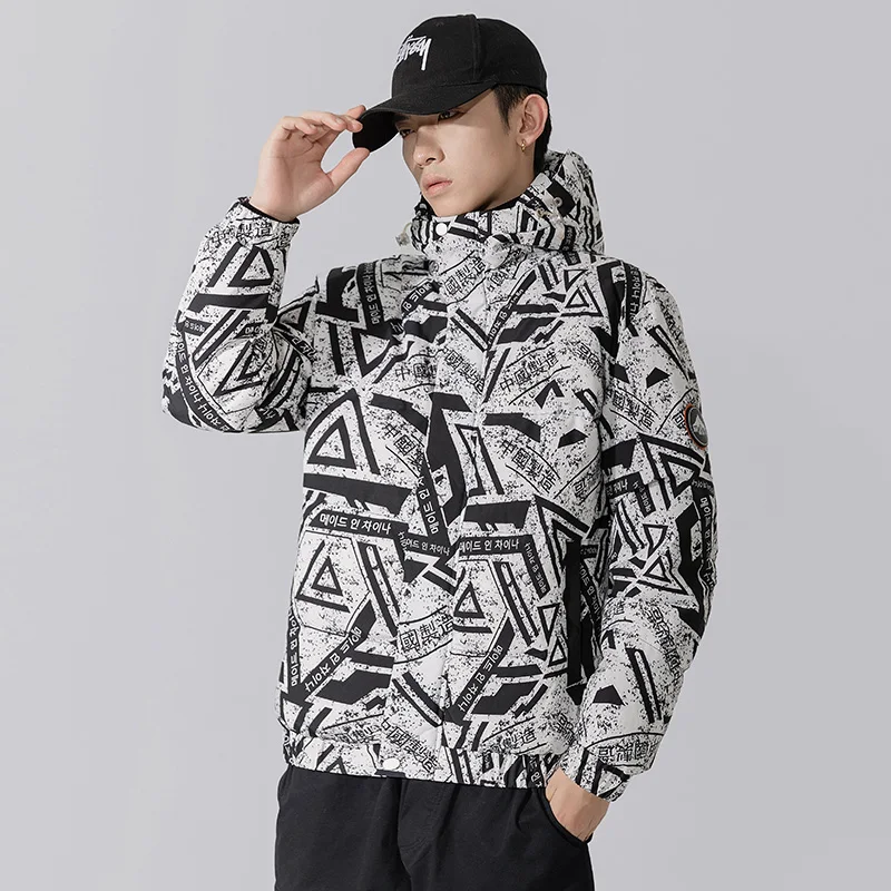 

Мужской пуховик с капюшоном, теплая ветровка с принтом, на белом утином пуху, 90%