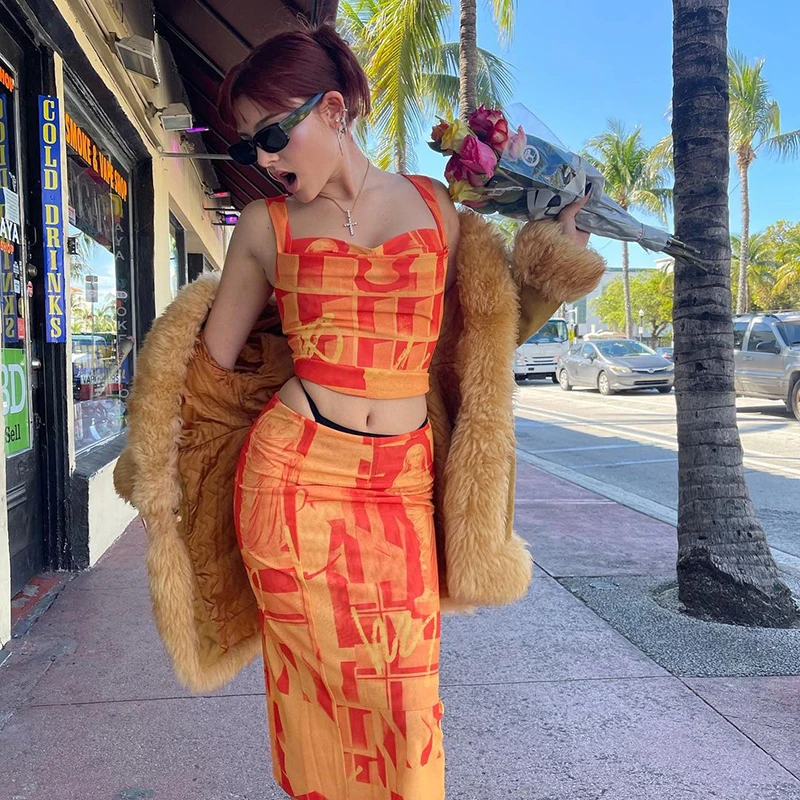 

Y2k Vintage Printed Summer Cottagecore Women Beach Style Dress Orange Suits Fashion 2021 Casual 90s Aesthetic Bodycon Vestidos