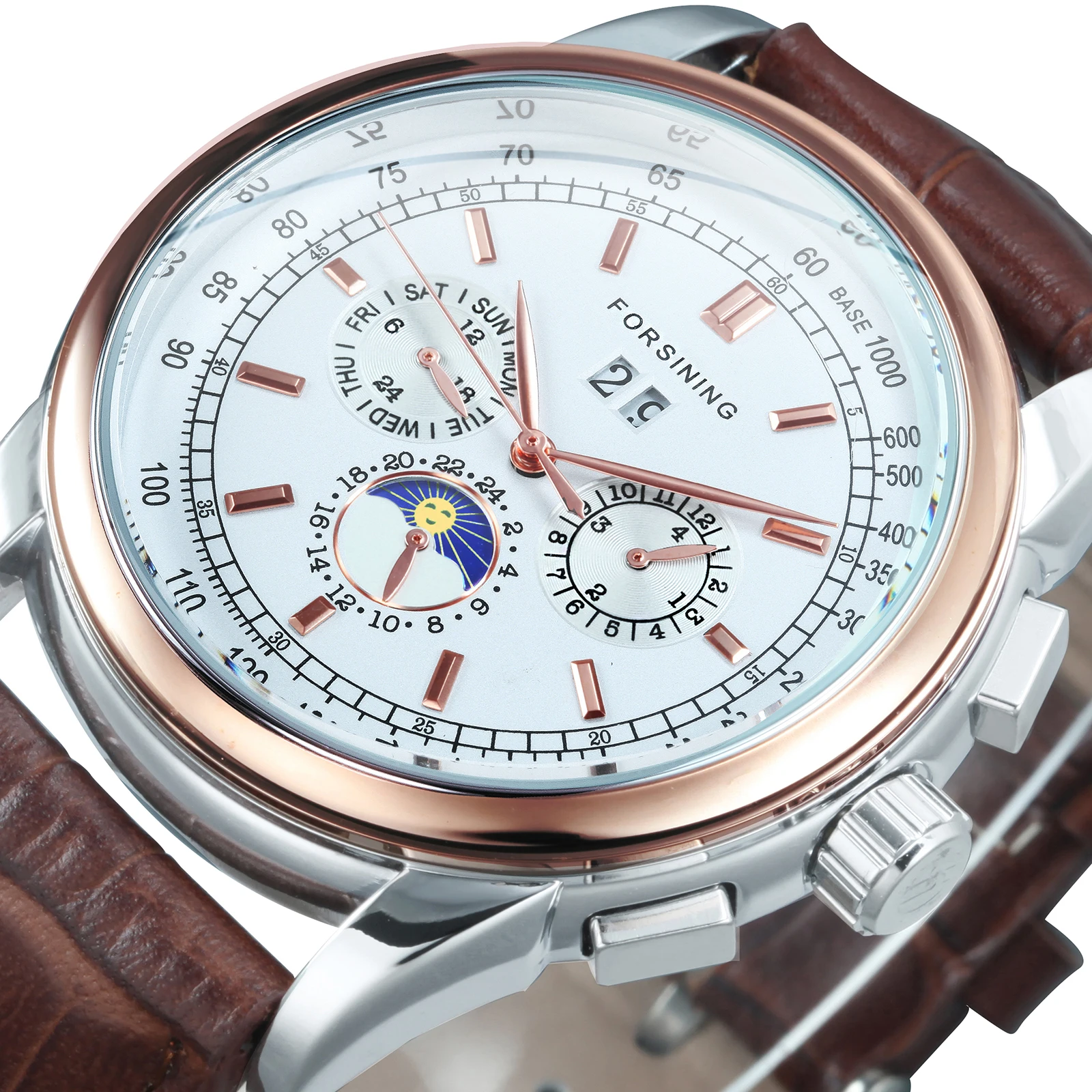 Forsining Moon Phase Шанхай двигаться Для мужчин t розовое золото чехол коричневый кожаный