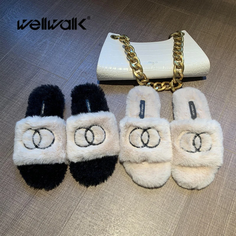 Тапочки с натуральным мехом Женская домашняя обувь на плоской подошве Женские