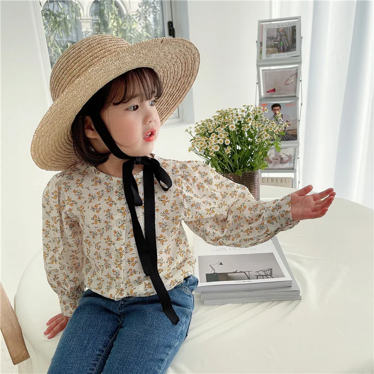 

Блузка с пышными рукавами и круглым вырезом, осенняя хлопковая Повседневная Блузка для маленьких принцесс с цветами для девочек, детская од...