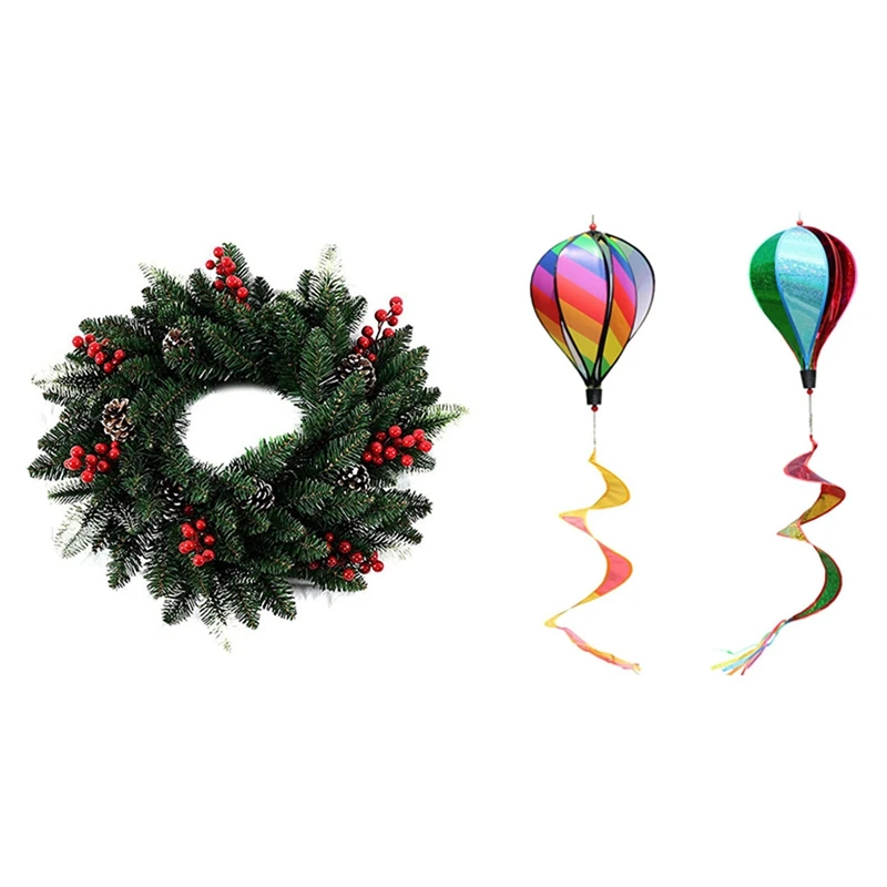 

2Pcs Balloon Wind Spinner Striped Sequins Windsock Balloon & 1 Pcs Xmas Frosted Berry Wreath (40 Cm)