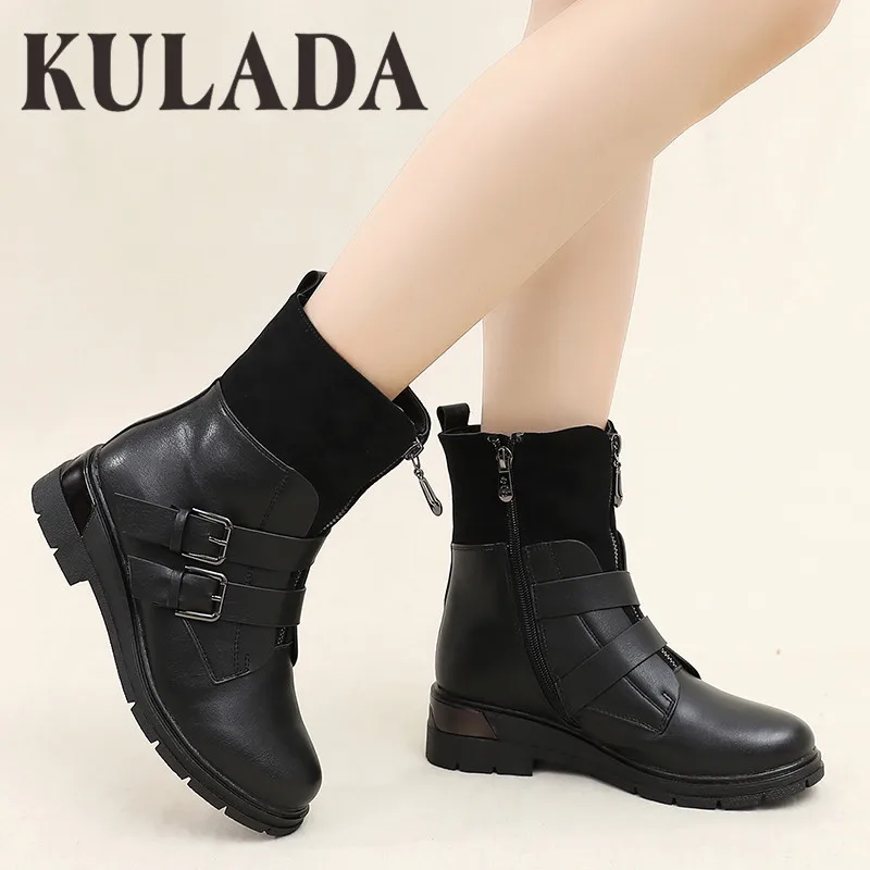 Женские мотоциклетные ботинки KULADA теплые меховые сапоги на молнии спереди с