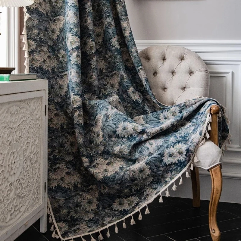 Американские шторы для гостиной столовой спальни кафе ретро синие цветочные