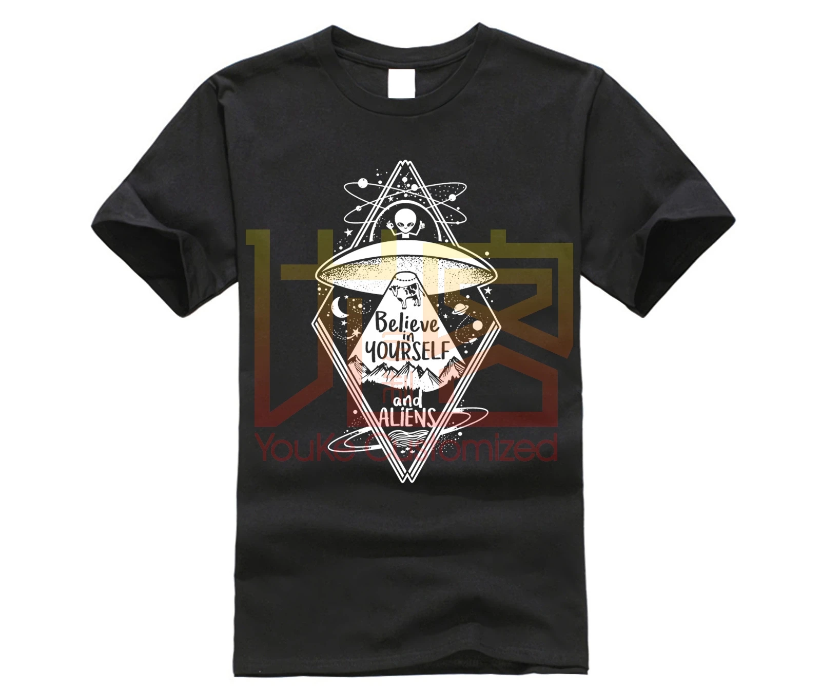 Черная футболка UFO Alien Мужская с надписью Believe In Yourself And Aliens летняя в стиле хип хоп