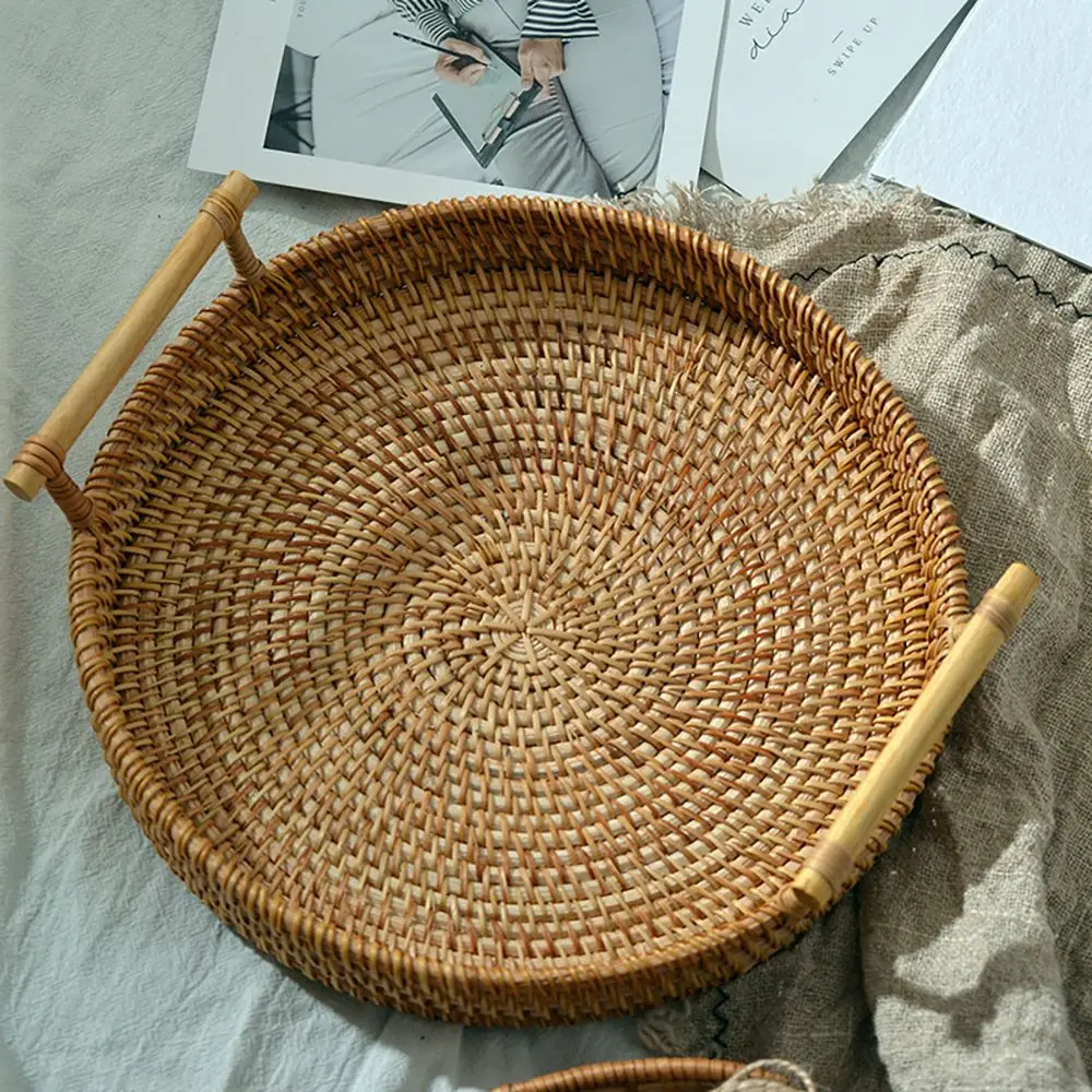 

Rattan Handwoven Round High Wall Severing Tray Food Storage Platters Plate Over Handles For Breakfast Drink Snack For Coffee Tea
