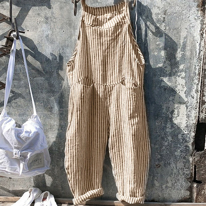 

Summer Playsuit Womens Casual Striped Wide Leg Overalls Dungarees Jumpsuit Women Baggy Street Daily Cotton Linen Jumpsuit 2019