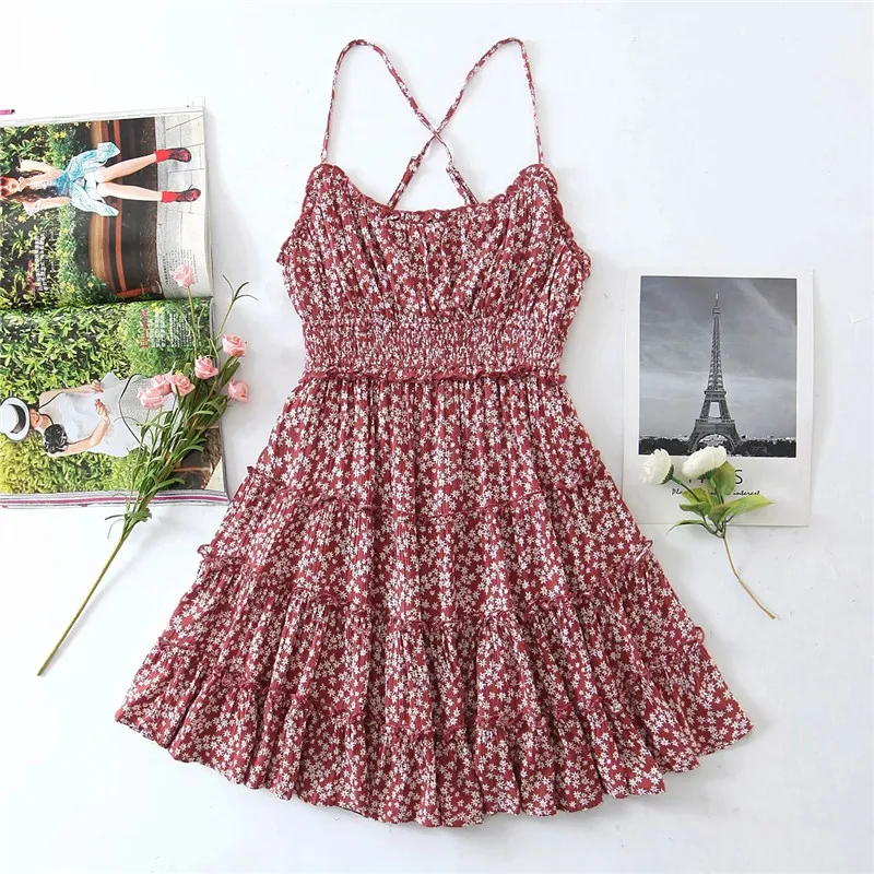 

2022 Women Elegant Floral Print Spaghetti Strap Red Mini Dress Chic Lady Fashion Backless High Waist Spring Sling Dress Femme