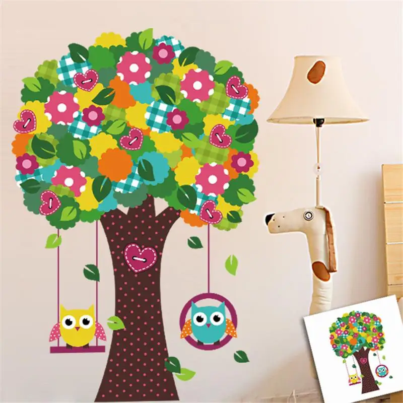 

Lovely Owlets Swinging Tree Wall Sticker For Kindergarten Kids Room Home Decorations Nursery Cartoon Animal Mural Art Diy Decals