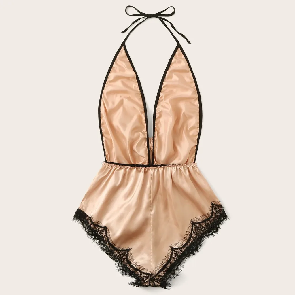 Женское нижнее белье с v-образным вырезом кружевной комбинезон-Пижама бантом