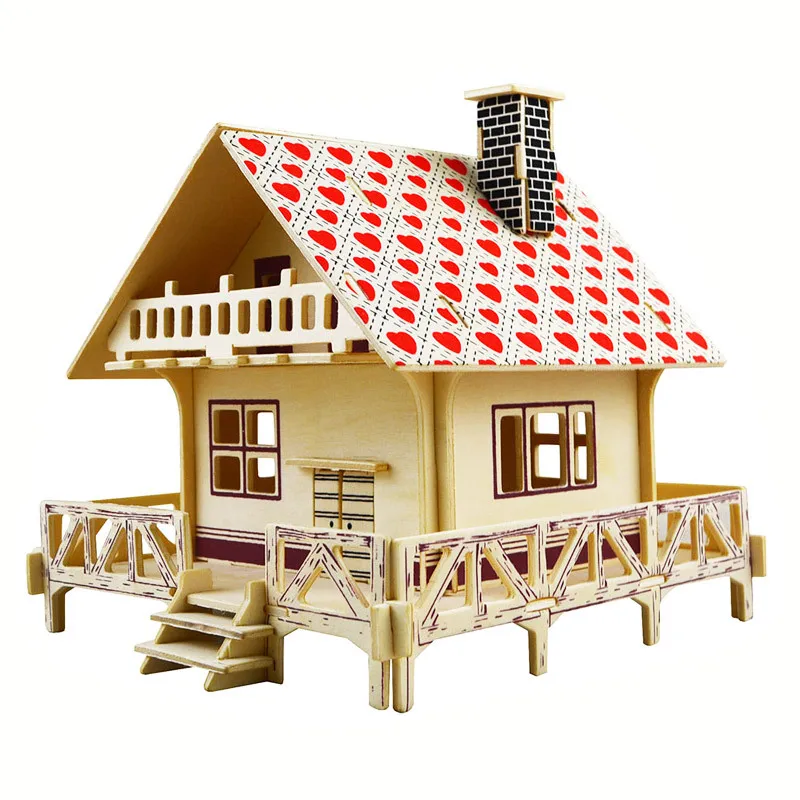 

candice guo! 3D wooden toy woodcraft construction kit DIY puzzle country house heart roof birthday present Christmas gift 1pc