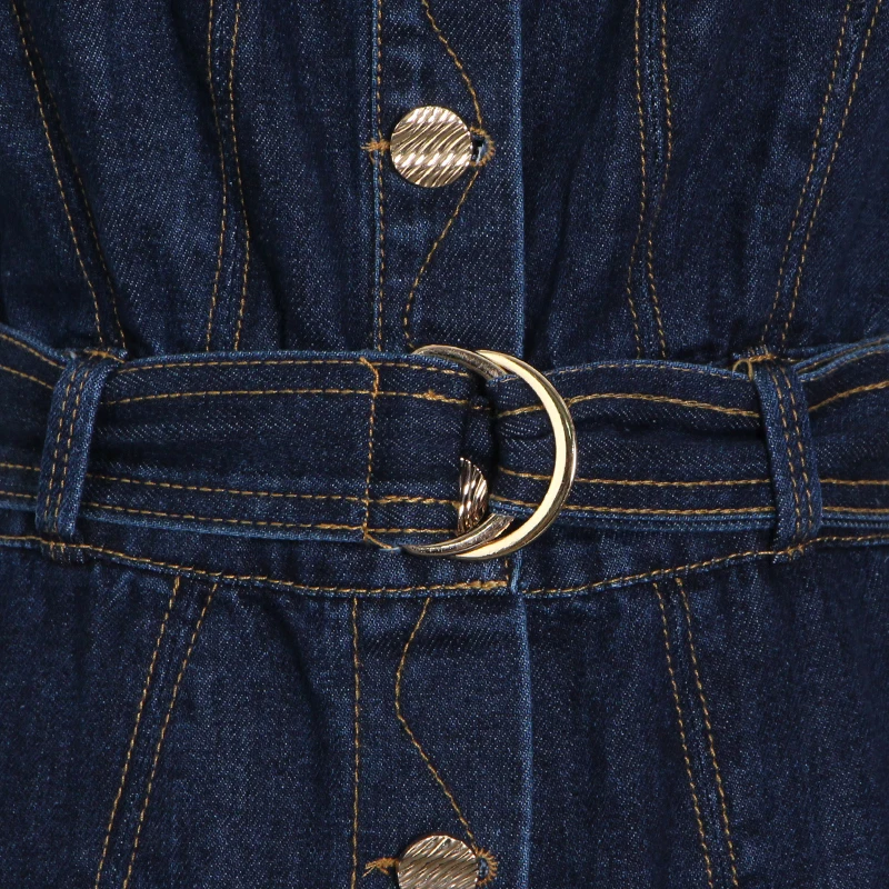 

Elegant Denim Dress For Women Lapel Sleeveless High Waist Sashes A Line Mid Dresses Female 2021 Summer Clothing New