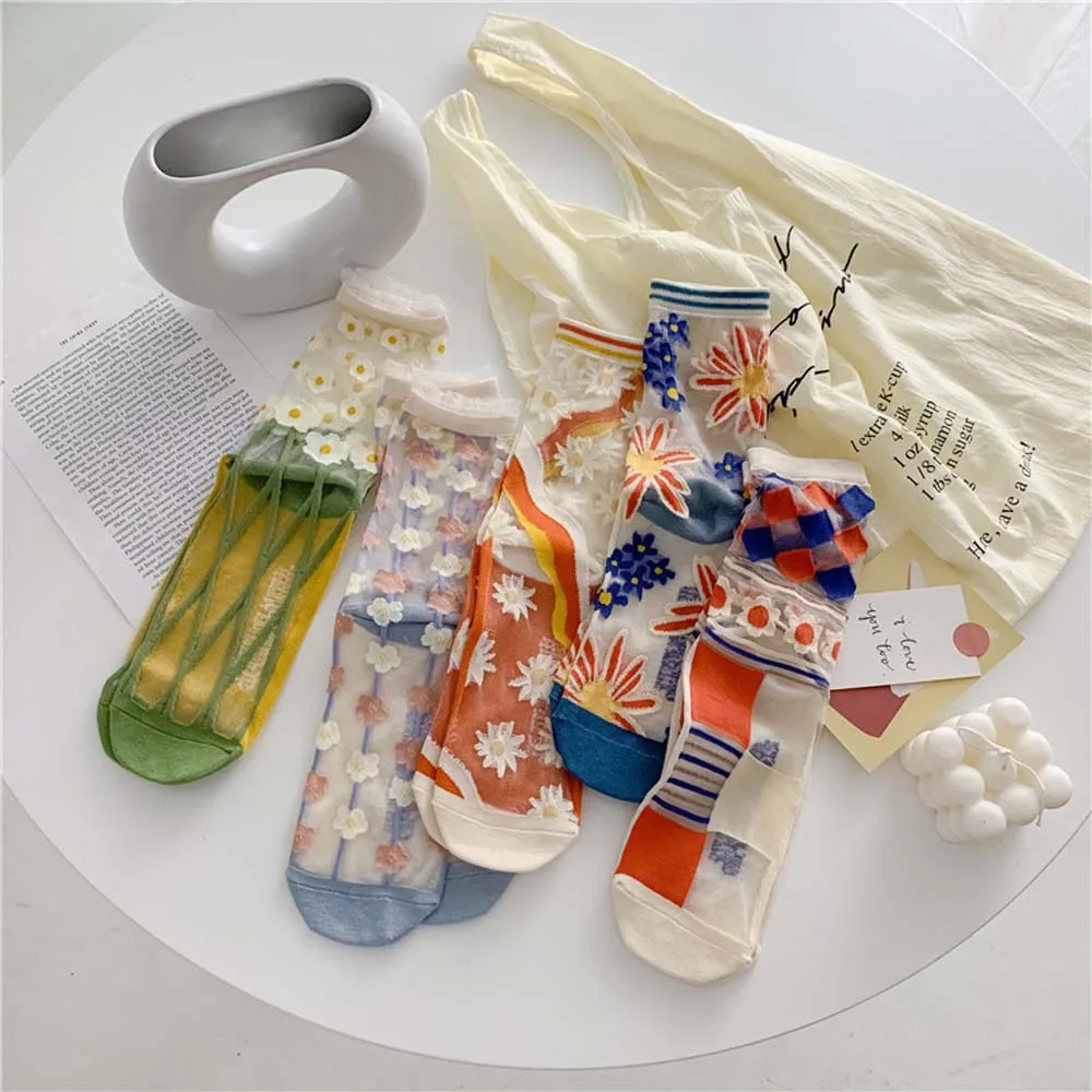 

Summer Thin Middle Tube Flowers Glass Silk Breathable Women's Socks Lace Lovely Female Hosiery