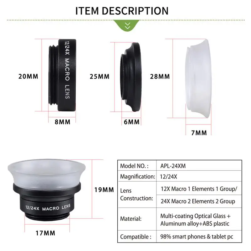 

APEXEL 2 in 1 Camera Phone Lens Clip-On 12X Macro+24X Super Macro Lens Kit for iPhone IOS Android All Smartphone