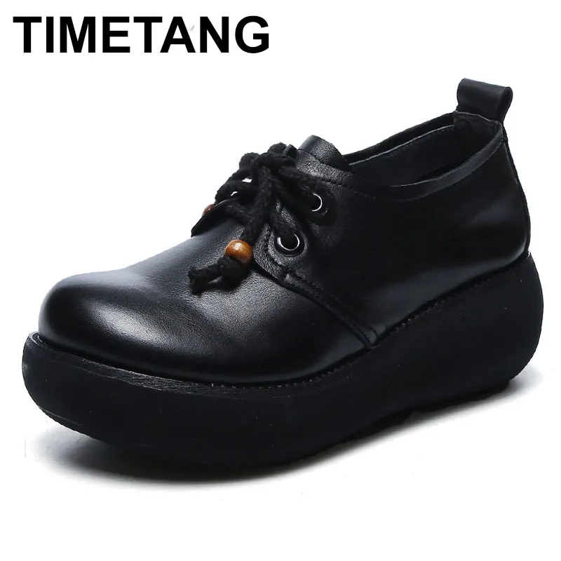 

TIMETANG shoes woman 2020 spring high quality 100% genuine leather platform shoes women retro handmade single platform shoes