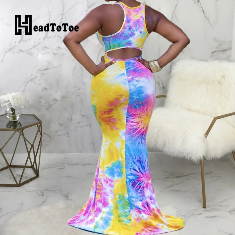 

Tie Dye Print Fashion Hallow Out Party Dresses for Women Tank Sleeve U-neck Floor Length Dress Women