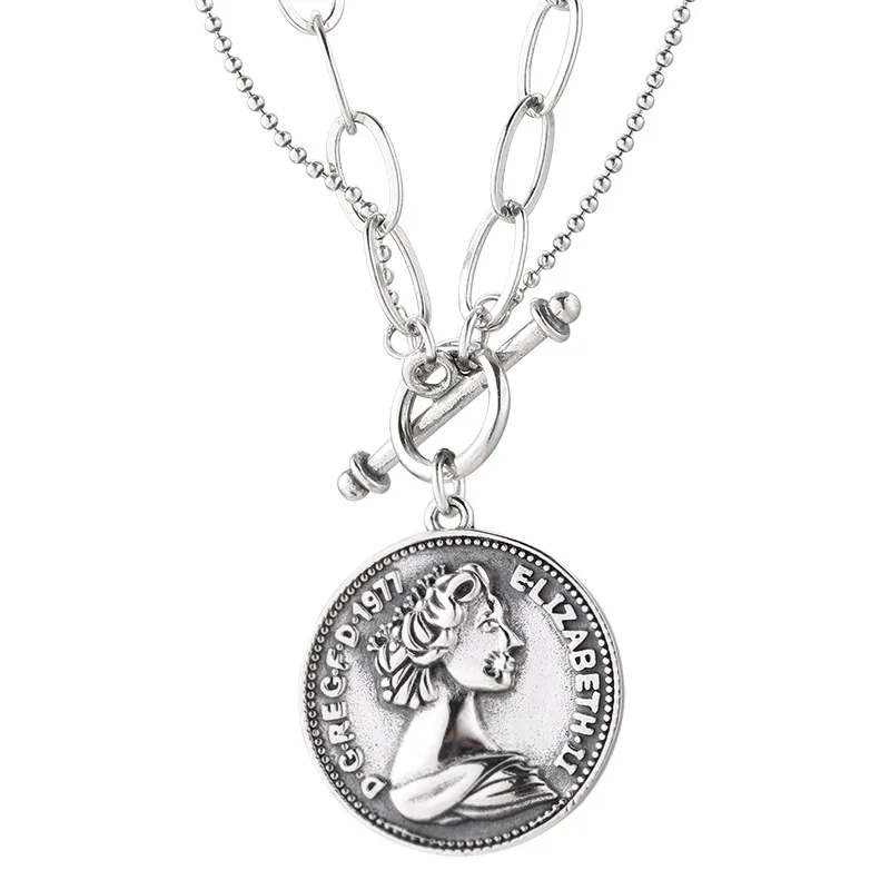 

Fengxiaoling 925 Silver Necklace With Portrait Round Pendant Necklaces For Women Retro Thai Silver Chain Necklace Fine Jewelry