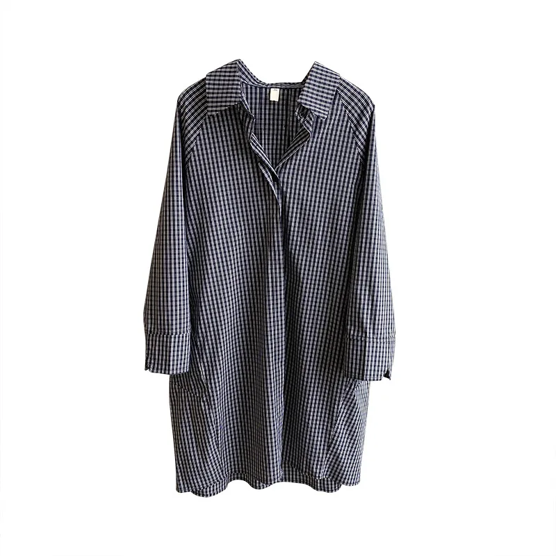 

2021 Spring Summer Plaid Shirt Dress Women's Single Breasted Lapel Hepburn Waist Simple Korean Mid Dress Female 9002