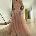 Детское розовое блестящее Тюлевое платье для выпускного вечера, Плиссированные Длинные вечерние платья на бретелях-спагетти с карманами, трапециевидные свадебные платья