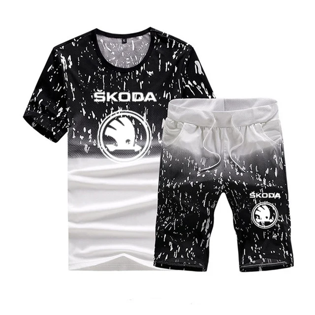 

New Summer Men's Short Sleeve Skoda Car Logo High Quality Cotton Fashion Casual Sports T-Shirt+Shorts Suit 2Pcs 5 Colors