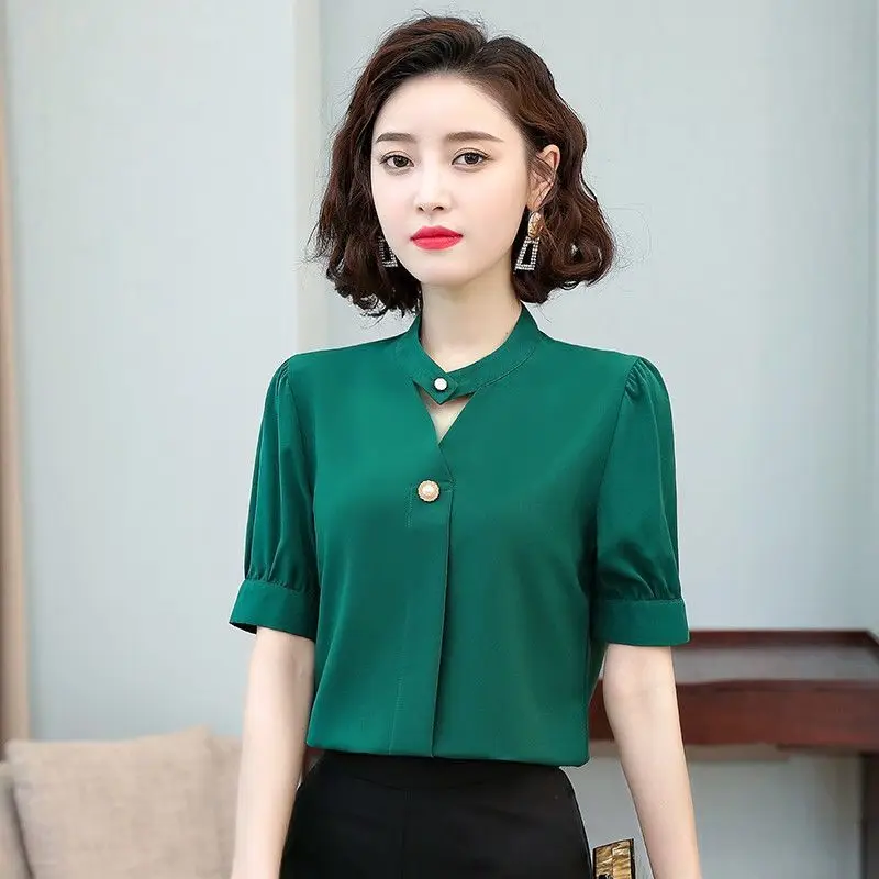 

Women's Spring Summer Style Chiffon Blouses Shirts Women's Short Sleeve Solid Color Rivet Bead Korean Casual Tops SP646