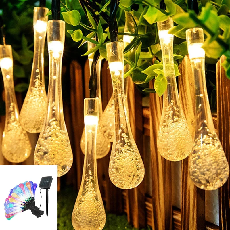 Solar Battery Lamp Water Droplets String Lights Pisca Exterior Fence Garden Fairy Led Bulb Garland Christmas Wedding Party Decor