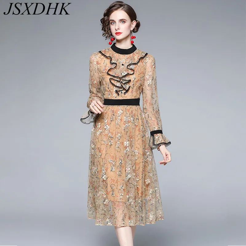 

JSXDHK New Fashion Luxury Autumn Mesh Embroidery Dress Elegant Women Ruffles Floral Long Flare Sleeve Ladies Party Midi Vestidos