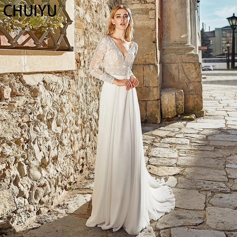 

HERBURNL Boho Wedding Dress Long Sleeve V Neck Lace A Line Chiffon Dress Fall Elegant New Fashion Beach Party