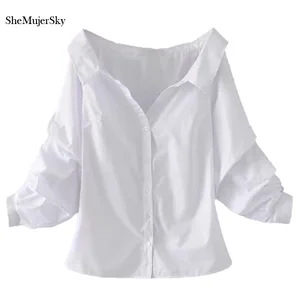 SheMujerSky белые блузки и рубашки женские топы 2021 женские рубашки с открытыми плечами летний топ