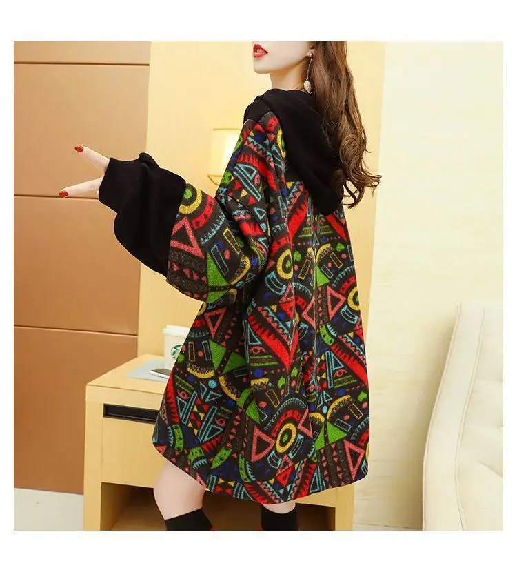 Длинная женская осенне-зимняя свободная флисовая толстовка с геометрическим