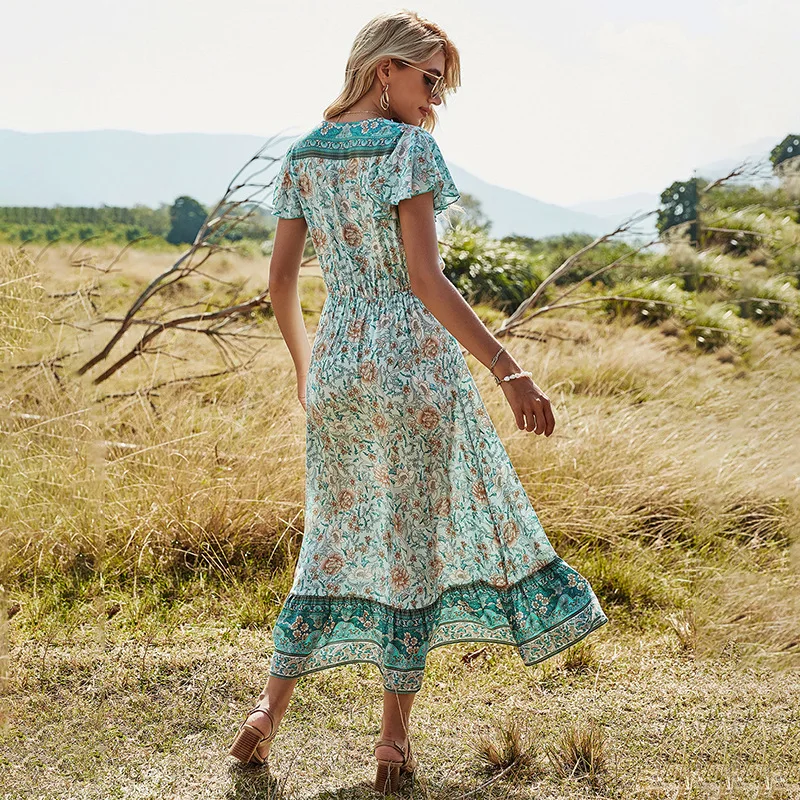 

Vintage chic women Floral print short sleeve Bohemian maxi dresses Ladies deep V neck rayon cotton sashes Boho dress vestidos