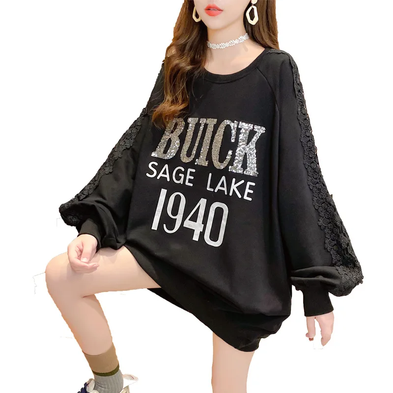 

Autumn New Korean Version of Loose Embroidered Sequin Thin Lace Wei Dress Girl Letter Printing Sweatshirt Women