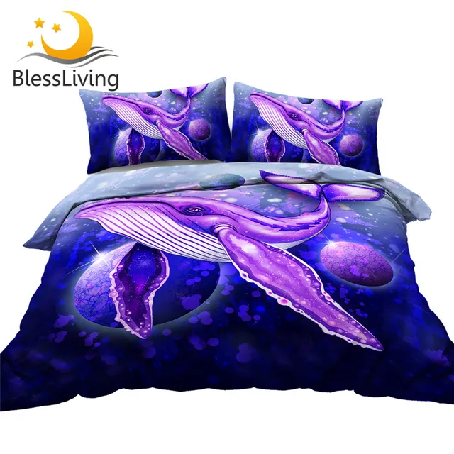 BlessLiving Purple Whale Bedding Set Ocean Animal Surreal Quilt Cover Set Planets Home Textiles Space Universe Bedclothes 3pcs 1