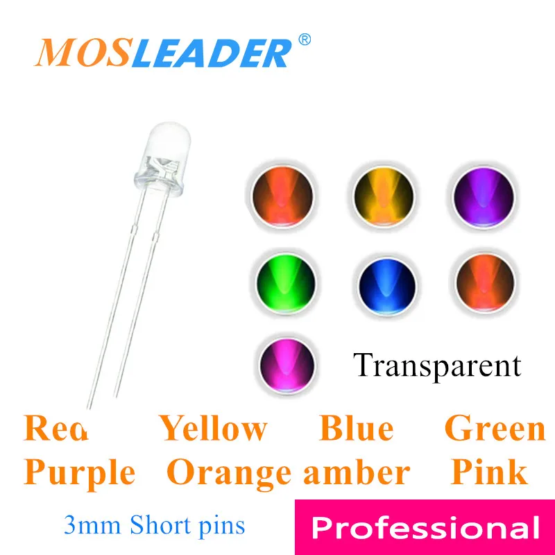 Mosleader 3 мм F3 1000 шт. красный желтый синий зеленый фиолетовый оранжевый янтарный