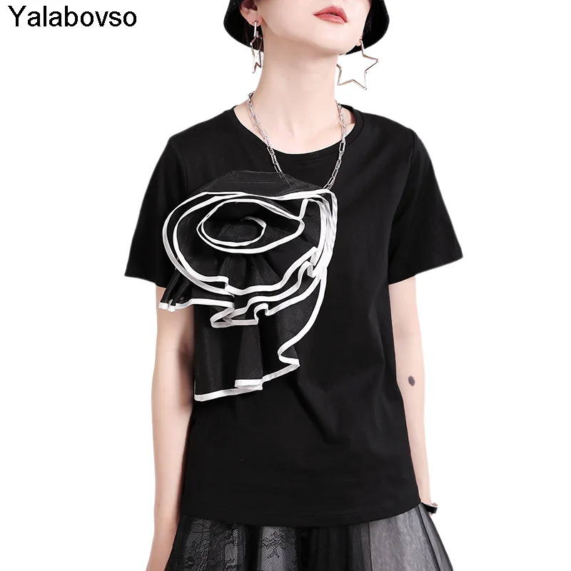 Women's Tees And Tops 2021 Summer New Tshirts Three-dimensional Decoration Round Neck Fashion Solid Short Sleeve T-shirt
