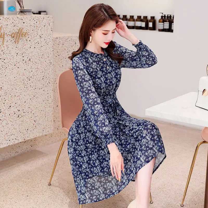 

Fashion Women Dress Spring Autumn Stand Collar Long Sleeve A-Line Women's Dress Clothes Floral Retro Style Female Dress AA3046