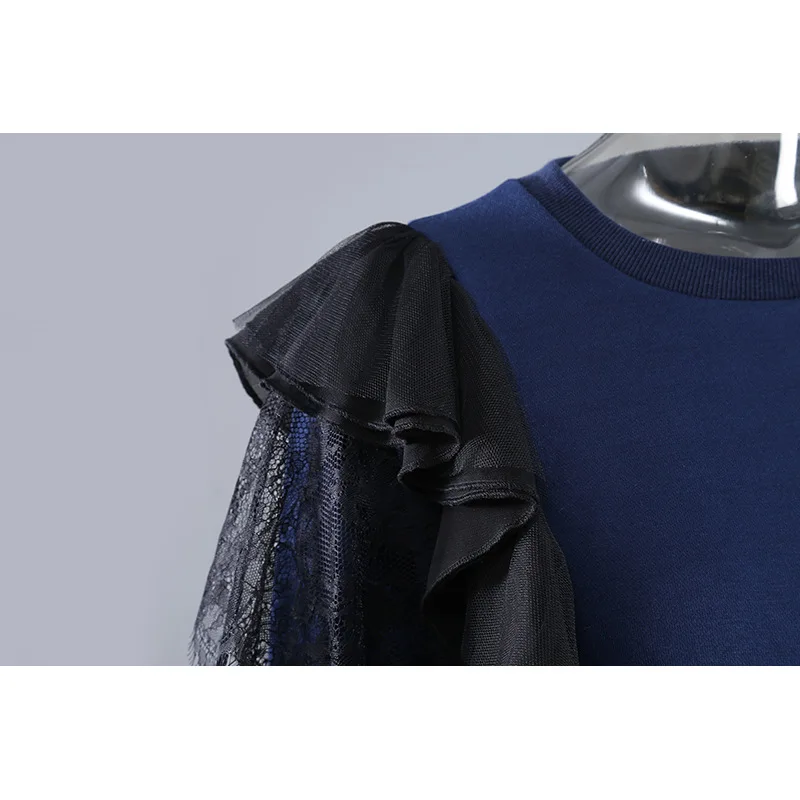 

SuperAen 2021 Fashion Summer New Solid Lace O Neck Ruffles Loose Short-sleeved T-shirt Women Tops